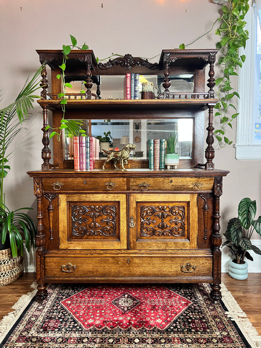 19th Century Two Toned Oak Mirrored Back Buffet Hutch Hand Carved Detailing