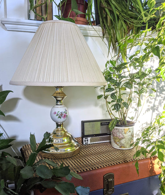 Vintage Retro Brass Lamp Floral Motif White Porcelain Victoria BC Secondhand thrift antique