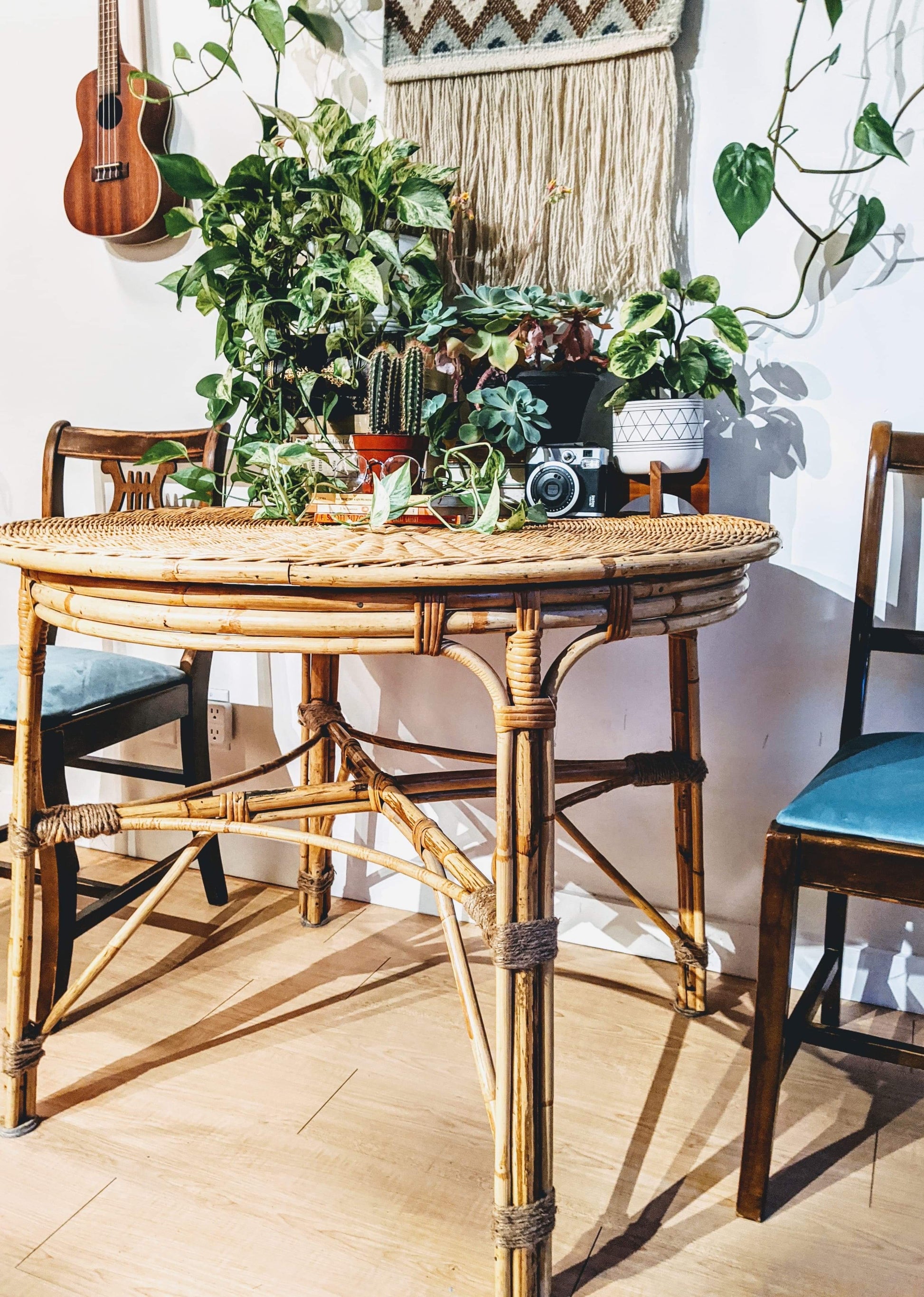 Wicker Bamboo Bohemian Style Dinning Table  Edit alt text