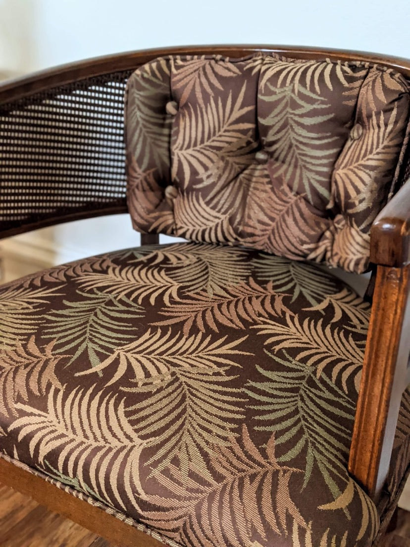 Wicker Wood Barrel Style Bombay 1960's fabric palm print dark brown victoria bc canada used second hand thrift