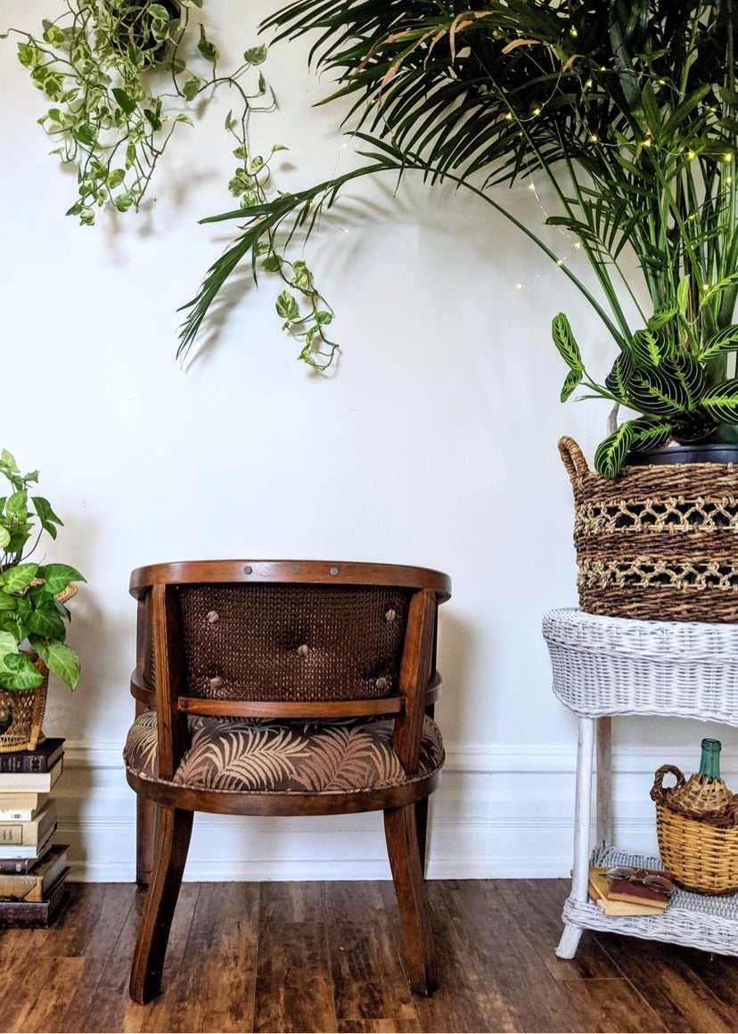 Wicker Wood Barrel Style Bombay 1960's fabric palm print dark brown victoria bc canada used second hand thrift